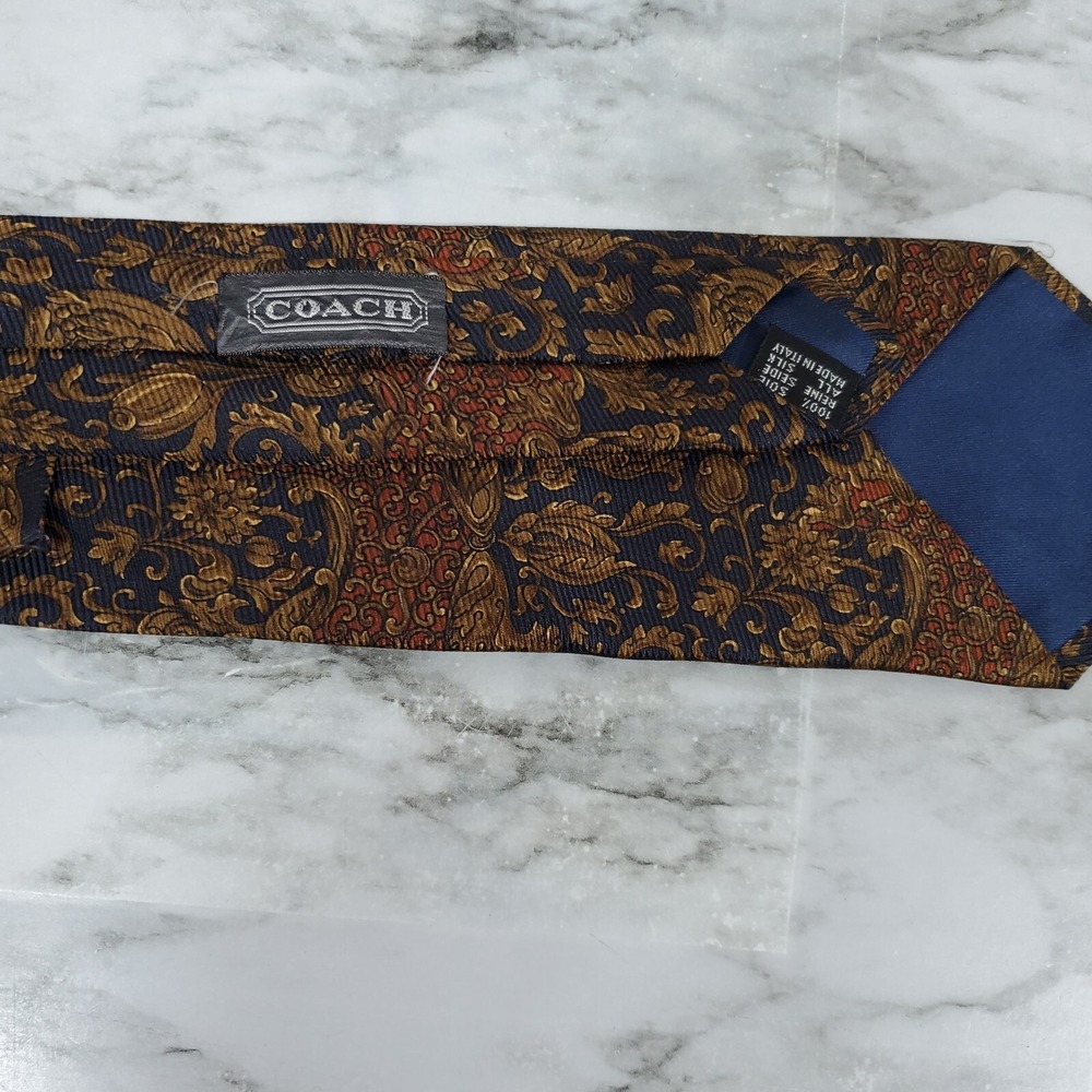 Coach Men's Blue Gold Floral One Size 100% Silk Designer Necktie Formal Wear - Picture 6 of 9